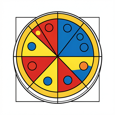 Bauhaus design aesthetic, geometric form study,. A Bauhaus geometric form study of a pizza: a large circle as the main p