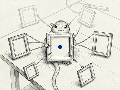 Cross-section pen-and-ink drawing of a small creature at a workbench surrounded