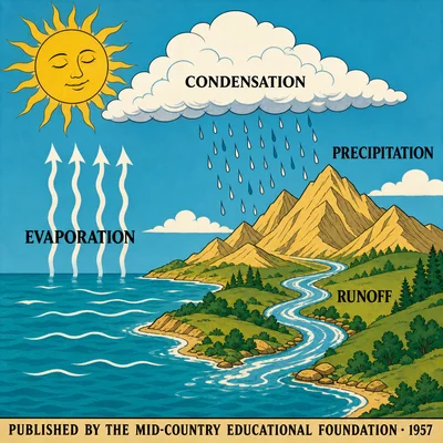 A large schematic of the water cycle — sun (with face, eyes closed in an old solar register), sea, evaporation arrows ri