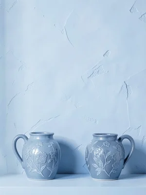 Powder blue composition, ceramic, cotton, painted wall, pale blue light matching