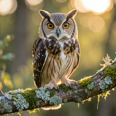 Owl perched on a moss-covered branch, piercing amber eyes staring directly at ca
