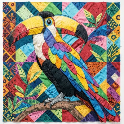 Panamanian mola textile illustration, a toucan with layers of colorful plumage r