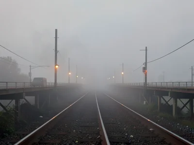 Dim bridge over rail yards, signal lights as warm muted dots, all the tracks bey