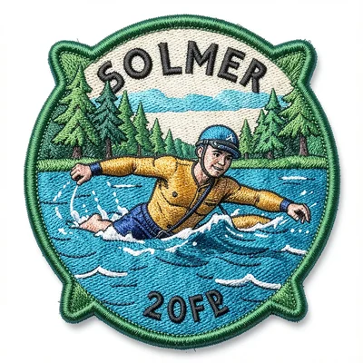Embroidered patch illustration, Swimmer in lake , merit badge aesthetic, embroid