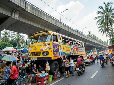 Makeshift vendors under concrete overpass