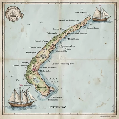 A nautical schooner sailing-itinerary chart of a Caribbean island chain with por