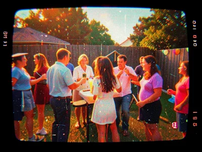 Tape-worn recording of graduation party, backyard celebration, warm tones