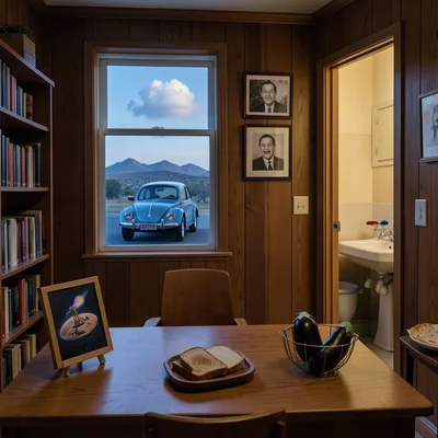 > A wide domestic photograph of an empty study at dusk filling a square 1:1 frame, full bleed. The room is the study of 
