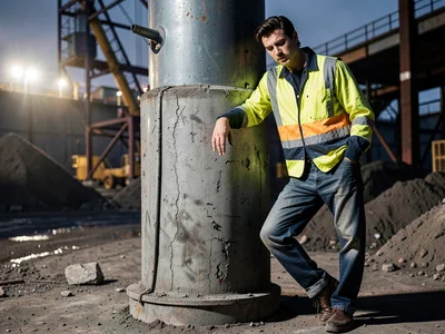 Cement mixer drum with worker leaning against it, casual model pose, industrial 