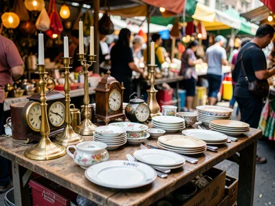 An antique market: brass candlesticks, old clocks, china plates, silver cutlery,