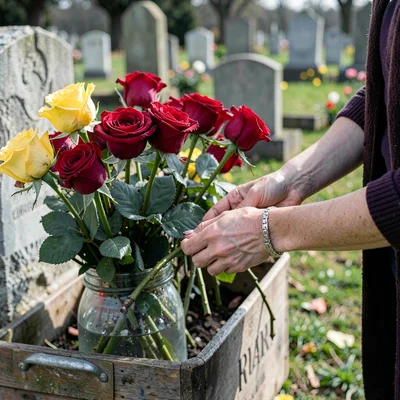 Cemetery flower vendor arranging roses, hands in focus, graves fading