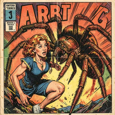 A woman menaced by giant spider