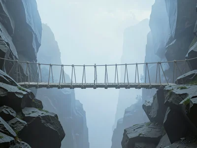 Rope-and-board swing bridge across a rocky gorge, the gorge bottom invisible, th