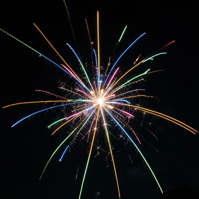 Close-up of single firework explosion, streaks of light against dark sky