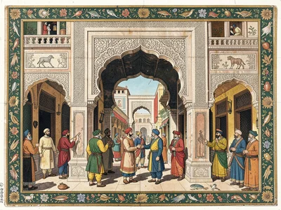 Bazaar archway scene — merchant figures, architectural detail, shadow on carved 