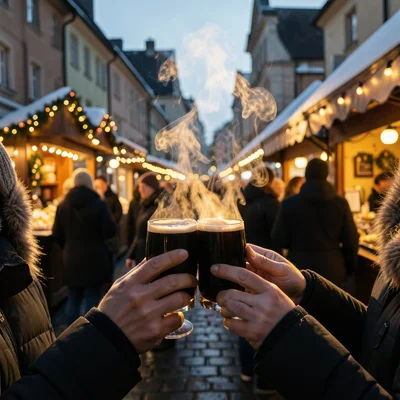 Hot mulled wine in hands at Christmas market, steam rising, cold evening