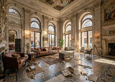 Mediterranean hard light on Beirut's wounded elegance, grand hotel lobby with or