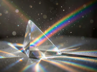 Prism light crossing a dusty room, visible beam splitting into colors, each ray 