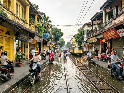 Hanoi train street with weaving motorbikes
