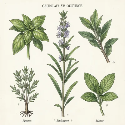 A plate of culinary herbs: basil, thyme, rosemary, sage, and mint, each showing 