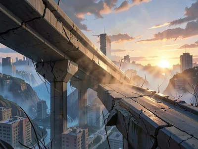 Cracked elevated freeway in a dead city, beam through broken concrete catches du