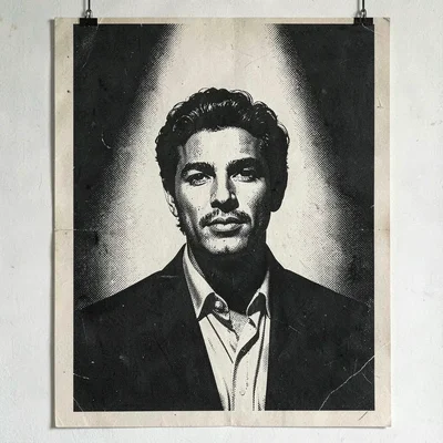 Screenprint recruitment poster of a single actor under a follow spot, two-color