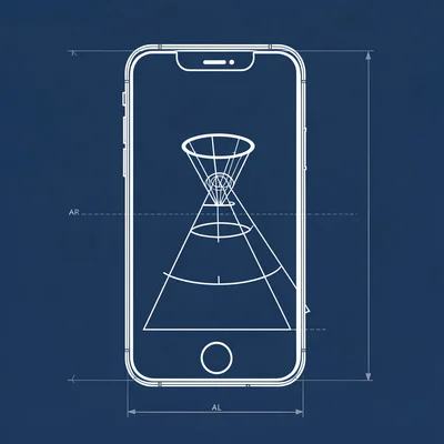 Schematic blueprint of a phone with AR detection cone projecting forward, white