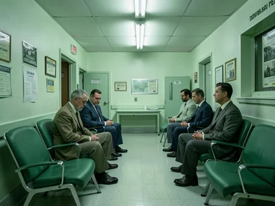 DMV waiting area with institutional green chairs, bureaucratic patience