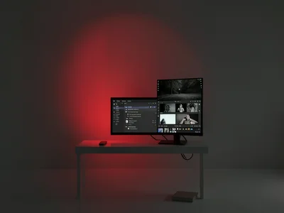 Darkroom with red safelight, but photos developing show digital UI elements