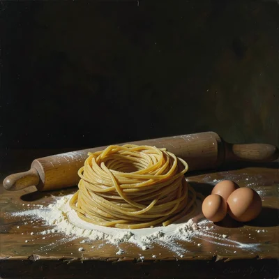 Fresh pasta nest on a floured surface next to a rolling pin and eggs