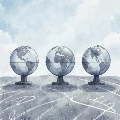 Banner-wide layout of three globe-shape silhouettes evenly spaced on a chalk fie