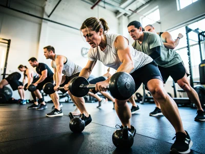 Group fitness class doing kettlebell swings in a bright industrial gym