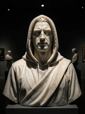 A figure in a hoodie carved as if a Roman senator, marble, the fabric folds of t