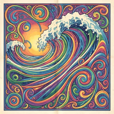 Psychedelic poster illustration, ocean waves crashing in swirling motion , vibra