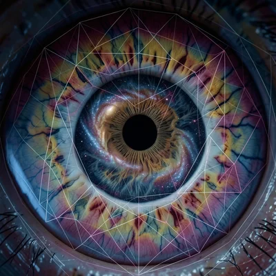 Eye iris extreme close-up, pupil contains spinning galaxy, macro cosmic