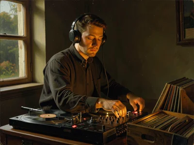 A DJ at turntables, headphones on one ear, the glow of the mixer replacing candl