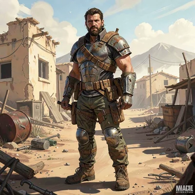 Video game concept art illustration, a post-apocalyptic scavenger in improvised 