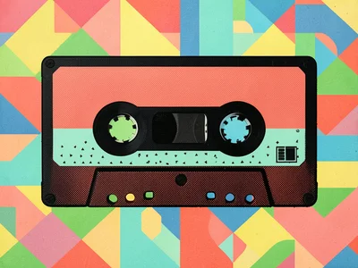A cassette tape in flat screen print — the tape body in coral, the reels in blac