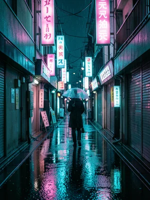A narrow Tokyo alley in the rain, neon signs in pink and blue reflecting in pudd