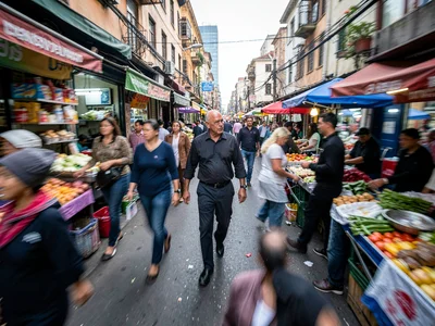 Market scene blurred showing movement