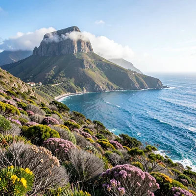 Cape Town mountain-sea duality, Table Mountain backdrop, fynbos wildflowers carp