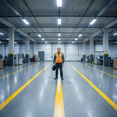 Precise geometric composition, industrial clarity, Factory floor with yellow saf