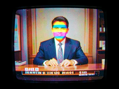 A news anchor behind a desk, their face replaced by rainbow banding