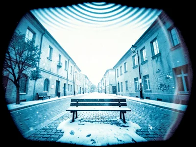A park bench in a small square, winter sun arc banding low, summer arc high abov