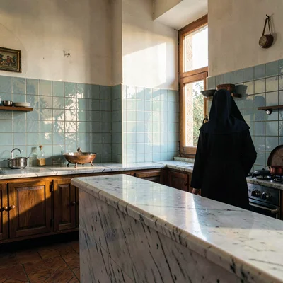 inside a Spanish convent kitchen at clear afternoon, glazed tile walls cool, a s