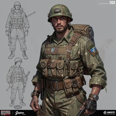 Video game concept art illustration, a veteran soldier with weathered gear and t