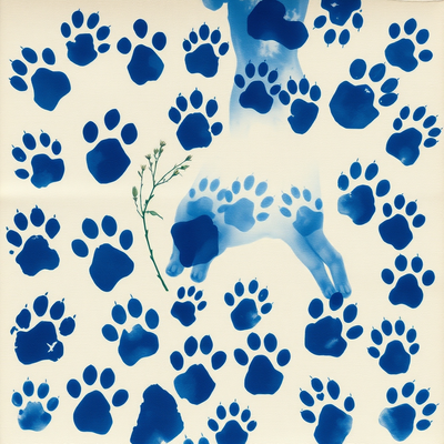 body-print cyanotype on fabric,. A collection of cat paw prints and soft feline body impressions pressed directly into s