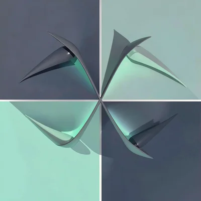 Two stacked vector panels split by a vivid mint seam, mirrored shapes drifting a