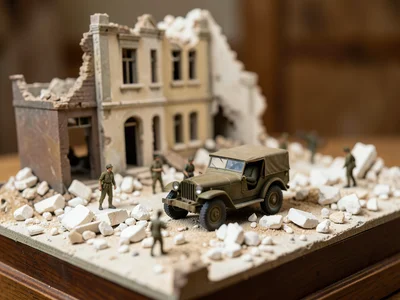 A World War II diorama: a ruined building, a jeep, soldiers as tiny figures, rub