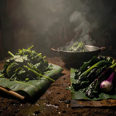 Dense atmospheric mist, rich earthy textures, Cooking greens piled on banana lea